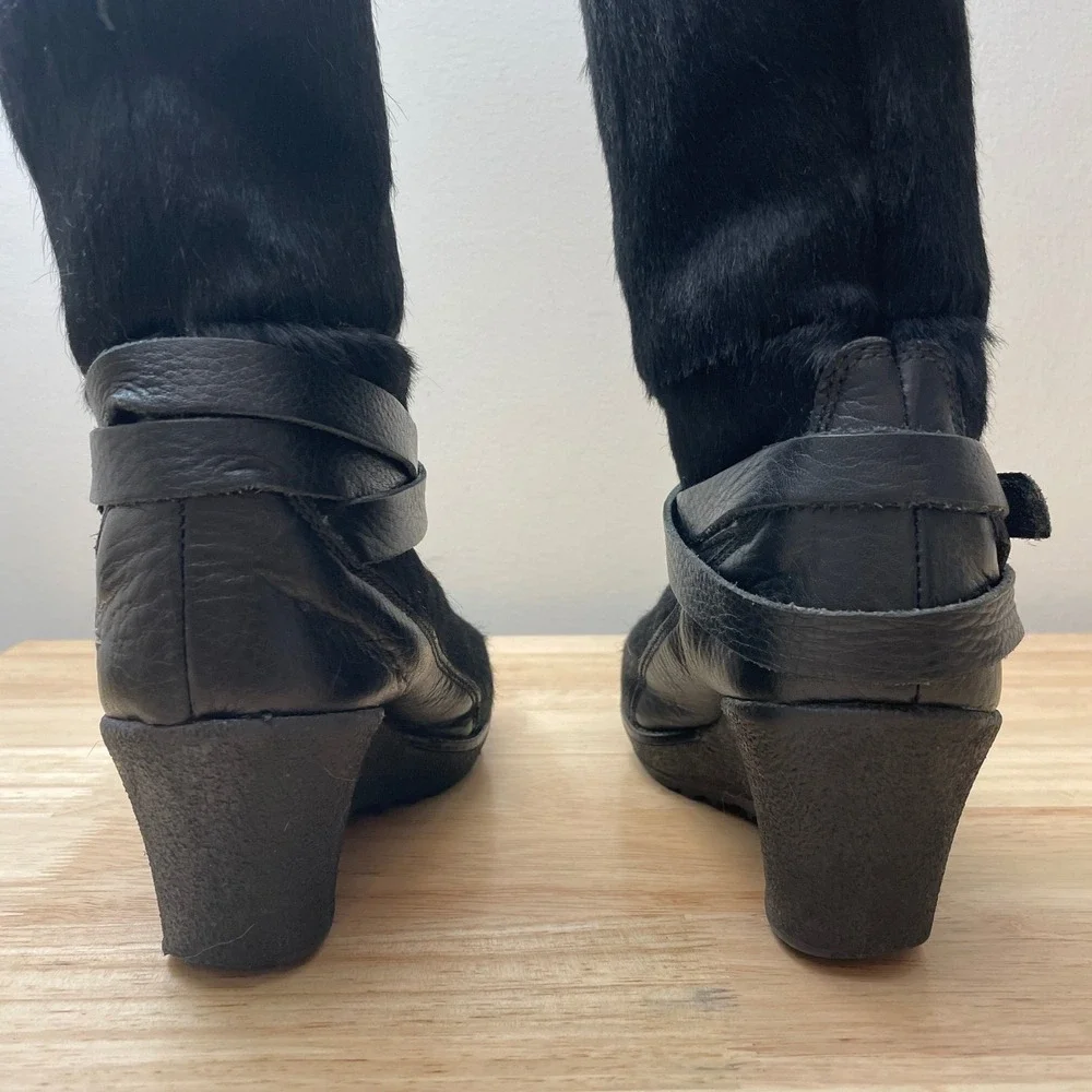 Oscar Sport Italy Black Pony Hair Wedge Boots Faux‎ Shearling Lined Womens 38